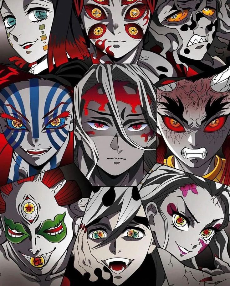 many different colored faces and eyes are shown in this image, with one woman's face painted red