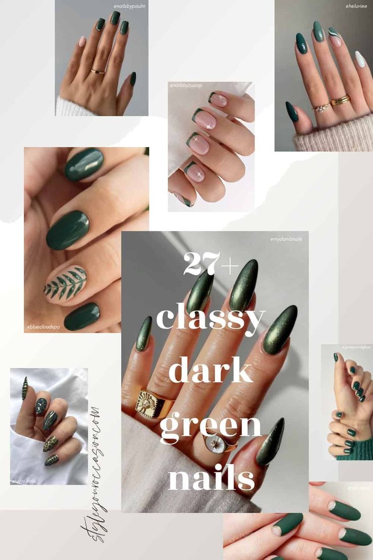 Looking for chic forest green nails ideas? You’ll love these dark green nails designs with forest green as the star! There’s acrylic nails in all shapes like coffin, almond, square, and short, along with ideas for from, summer, fall, and even Christmas. Choose from simple matte nails, or classy dark green nails with gold, and so much more! Photo Cred: @jark.nails, @nolas.nails, @heluviee, @gossipandgloss, @mydumbnails, @bluecloudspa, @nailsbypaulin @nailsbyzuziap Hunter Green Gel Nail Designs, Nail Ideas Forest Green, Green Fall Manicure, Hunter Green Acrylic Nails Designs, Dark Green Nails With Gold Design, Green Floral Nail Designs, Emerald Green Nail Designs Almond, What Color Nails With Green Dress, Nails To Go With Dark Green Dress