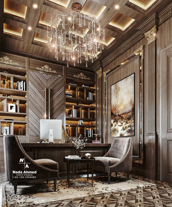 an elegant office with wood paneling and chandelier