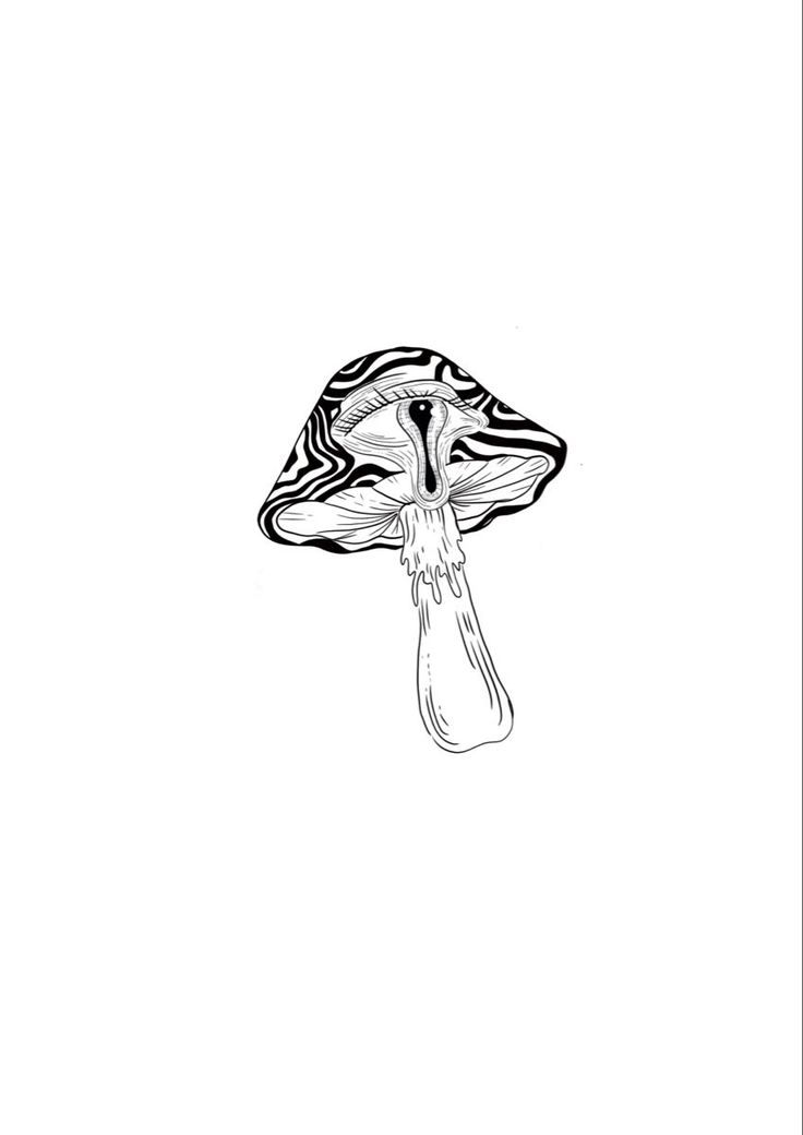 a black and white drawing of a mushroom with its head in the middle of it