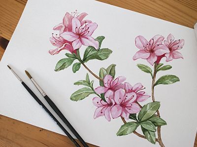 watercolor painting of pink flowers on white paper next to paintbrush and crayon