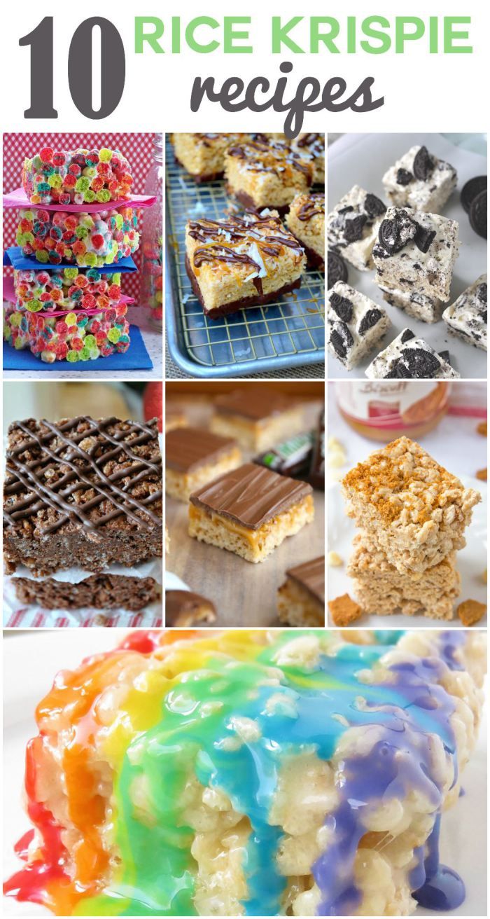 the top ten rice krispie recipes are in this collage with text overlay that reads, 10 rice krispies