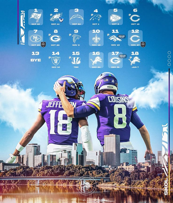 two football players standing next to each other in front of a cityscape with numbers and symbols