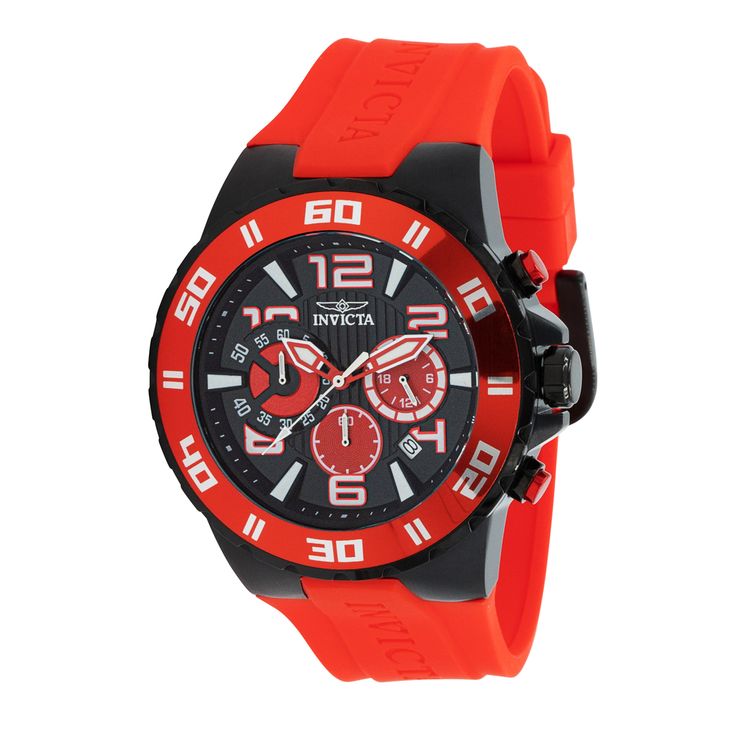 This eye-catching Invicta watch from the Pro Diver collection is powered by a Quartz movement, and a solid stainless steel case. Its face is decorated by a black, red metal dial, and protected by a sturdy Flame Fusion Crystal. A red silicone band completes this timepiece that can resist water for up to 100m.Plunge into any horizon using the steadfast guidance of the Invicta Pro Diver. Stylishly classic, internal workings are forged with variations of bold movements. Built with confident prowess, Red Chronograph Watch With Metal Dial, Red Chronograph Watch With Subdials, Red Watches With Subdials, Red Watch With Subdials, Red Watches With Subdials And Round Dial, Red Modern Chronograph Watch With Metal Dial, Red Chronograph Watch With Analog Display, Red Analog Display Watches, Red Chronograph Watch With Round Dial