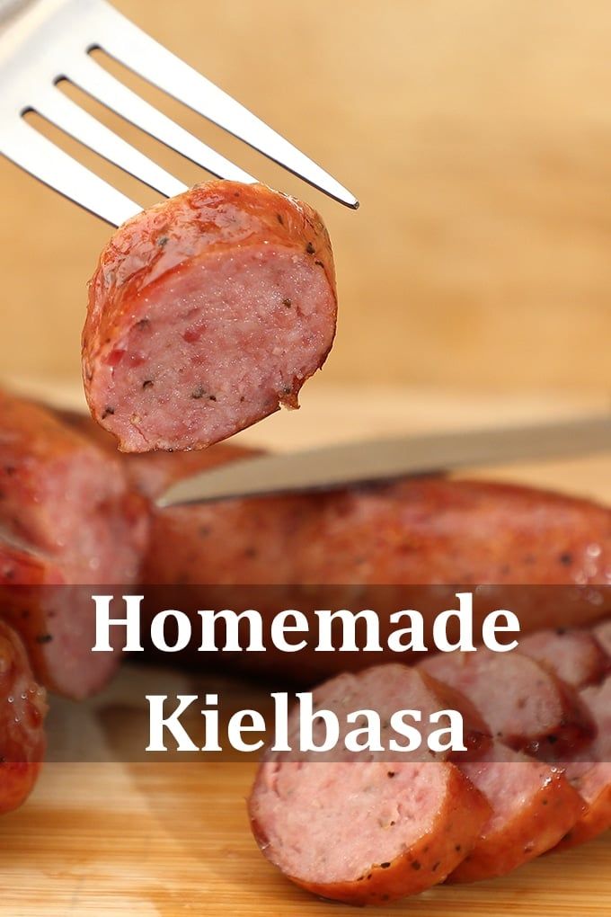 a fork with some sausage on it and the words homemade kielbasa