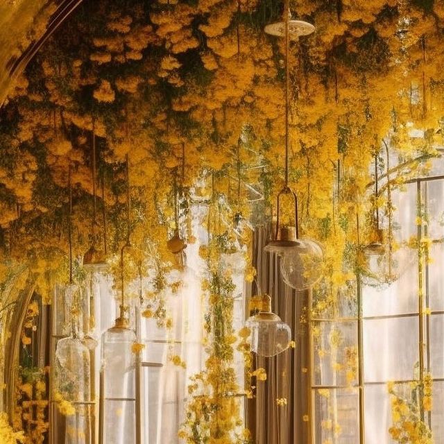 yellow flowers are hanging from the ceiling in front of large windows with glass vases