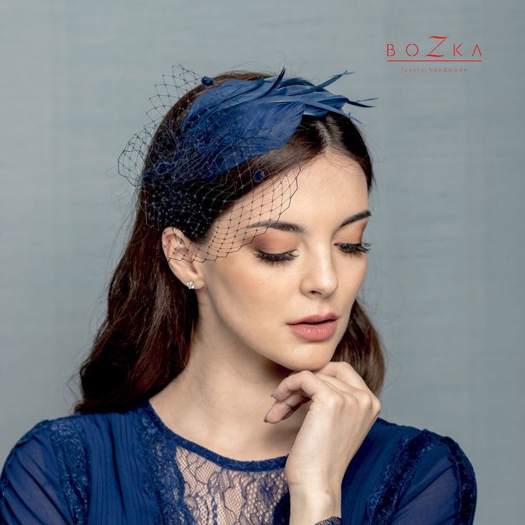 Chic headband decorated by 2 types of feathers and spotted piece of netting. It is all in navy blue color. Elegant headpiece for many occasion. All handmade in our studio. It is model inspired by Black Swan. It is attached to black, thin metal headband. Ready to ship in 3-5 working days. Blue Hairband, Blue Headpiece, Types Of Feathers, Veil Length, Chic Headband, Feather Headpiece, Blue Headband, Fascinator Headband, Elegant Hats