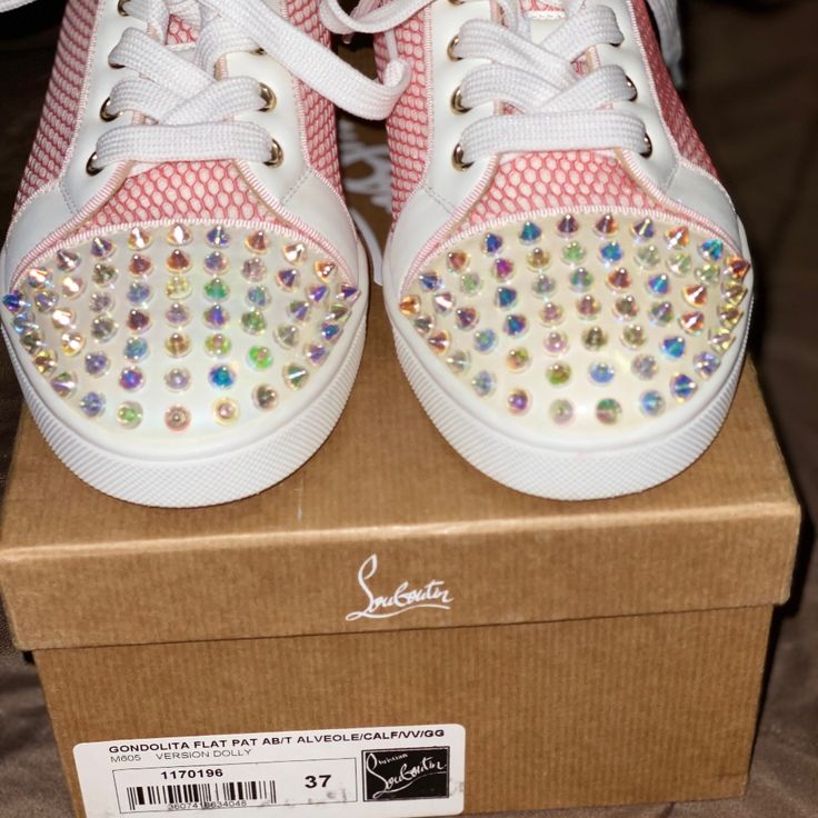 Cl White/Pink Spiked Sneakers. Worn Once. Great Condition. Box, Dust Bags, Extra Spike Included That Came With Sneakers. Luxury Pink Lace-up Custom Sneakers, Designer Pink Leather Custom Sneakers, Spiked Sneakers, Designer Sneakers, Louboutin Shoes, Christian Louboutin Shoes, Womens Shoes Sneakers, Pink White, Christian Louboutin