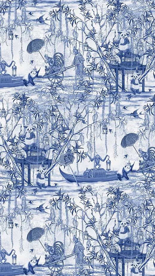 a blue and white wallpaper with birds in the water, trees, and boats