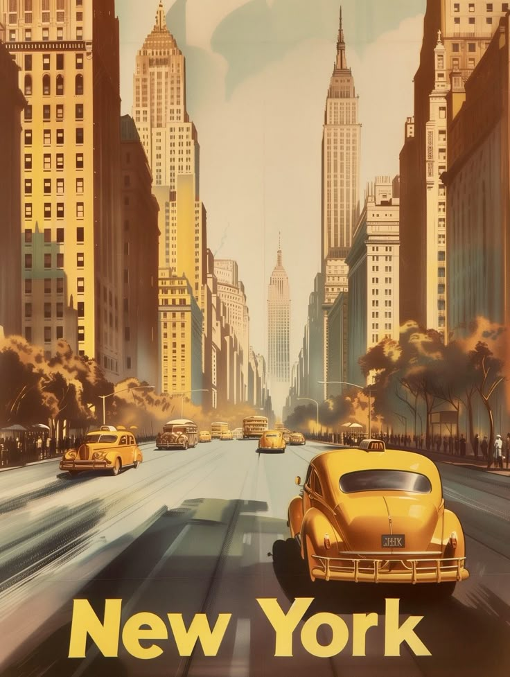 a yellow car driving down a city street next to tall buildings in new york, usa