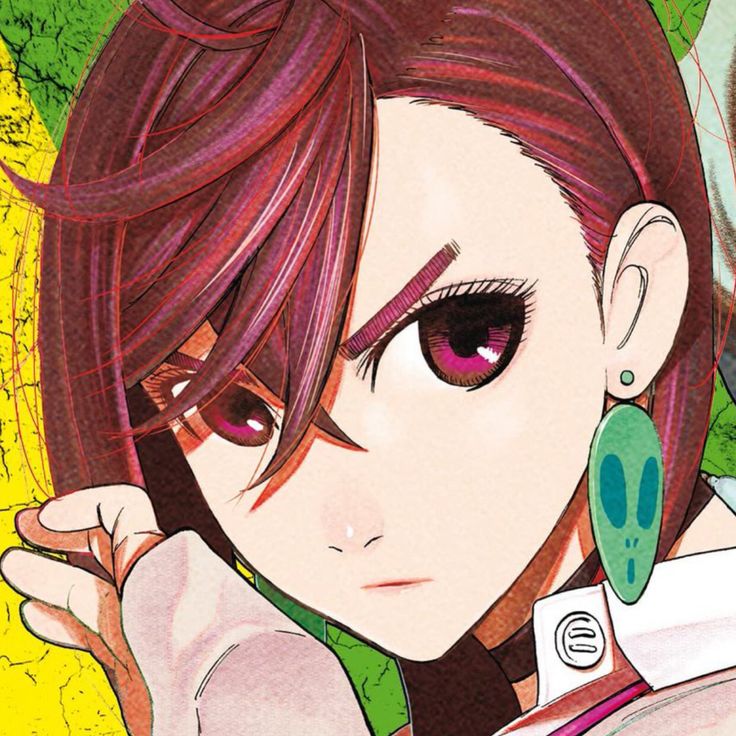 an anime character with red hair and green eyes is looking at something in the distance