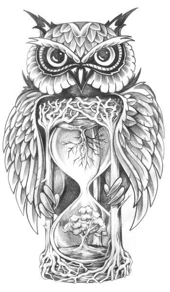 an owl is sitting on top of a hourglass with trees and leaves in it