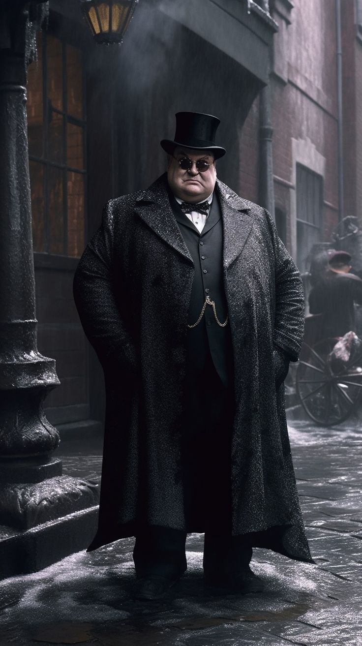 a man in a top hat and coat standing on the street