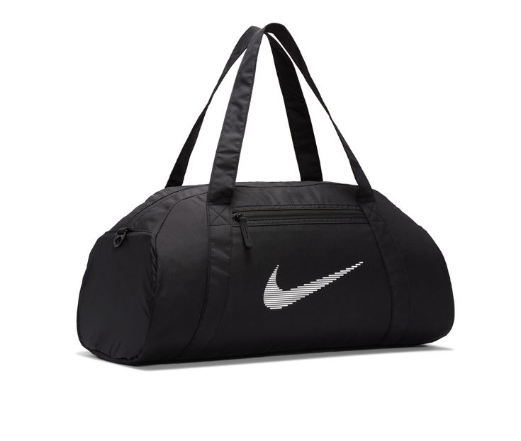 a black duffel bag with white nike logo