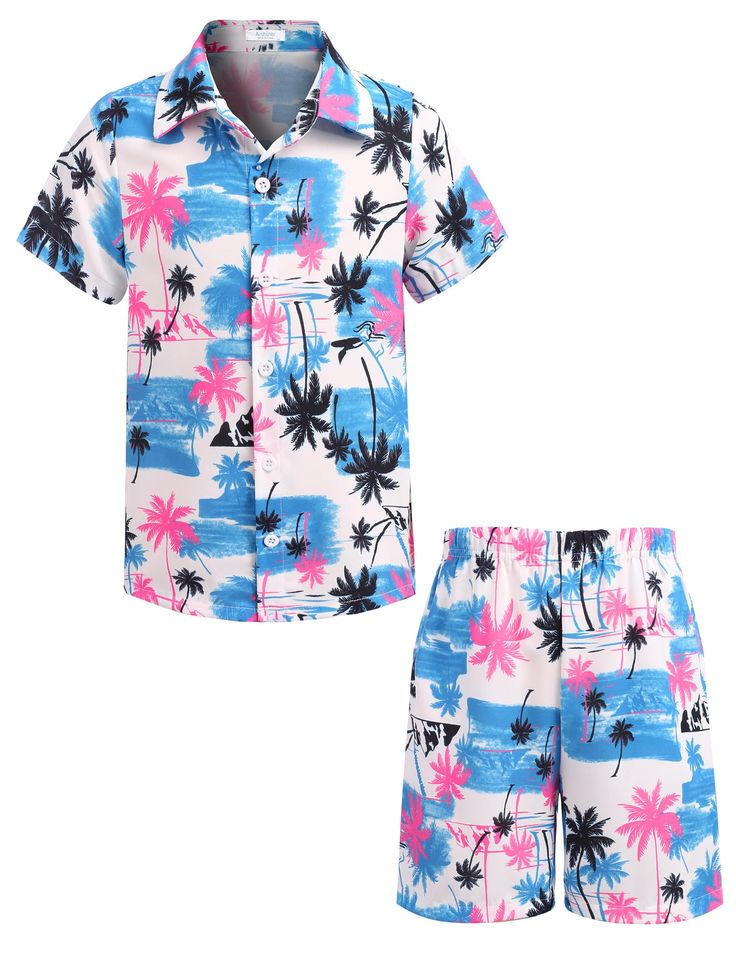 PRICES MAY VARY. HIGH QUALITY FABRIC : Boys Hawaiian shorts set were made from lightweight, breathable materials to keep the little boy cool in the summer, no shrink. 2 PIECES OUTFITS : The little boy's Hawaiian outfit set includes a bright, vibrant aloha shirt featuring palm trees, and other tropical scenes, also includes a pair of shorts with an elastic waistband. VACATION STYLE : Boys Hawaiian shirt, loose fit, easy to wear, button-down short sleeve, shorts with two side pockets. Classic matc White Beach Season Playwear Sets, Pink Cotton Short Set For Beach, Summer Playwear Sets For Beach Season, Multicolor Playwear Sets For Beach Season, Casual Short Set For Beach, Pink Short Set For Summer Playwear, Summer Beach Short Set, Blue Short Sleeve Sets For Vacation, Blue Vacation Sets With Short Sleeve