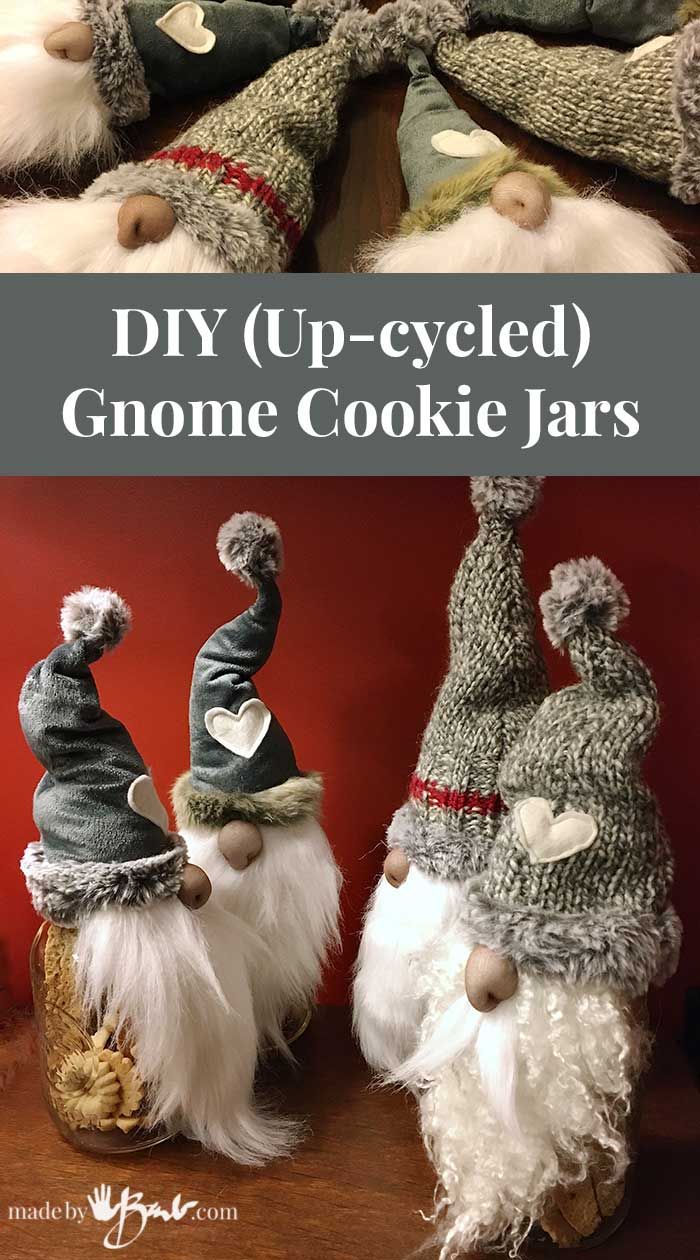 three stuffed gnomes with text overlay that says diy up - cycled gnome cookie jars