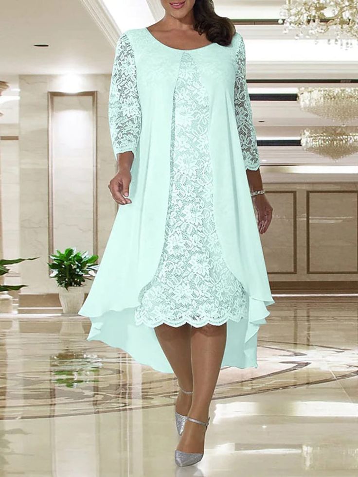 A-line Hi Low Chiffon Lace Long Sleeve Mother of Bride Dress - Princessly Elegant Bodycon Dress, Elegant Plus Size, Lace Long Sleeve, Midi Dress Party, Mother Of The Bride Dress, Long Sleeve Lace Dress, Dresses By Length, Jewel Neck, Chiffon Lace