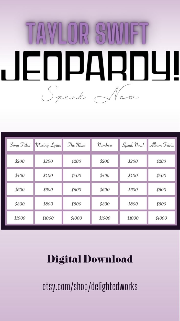 the taylor swift jeopardy game is shown in purple and black