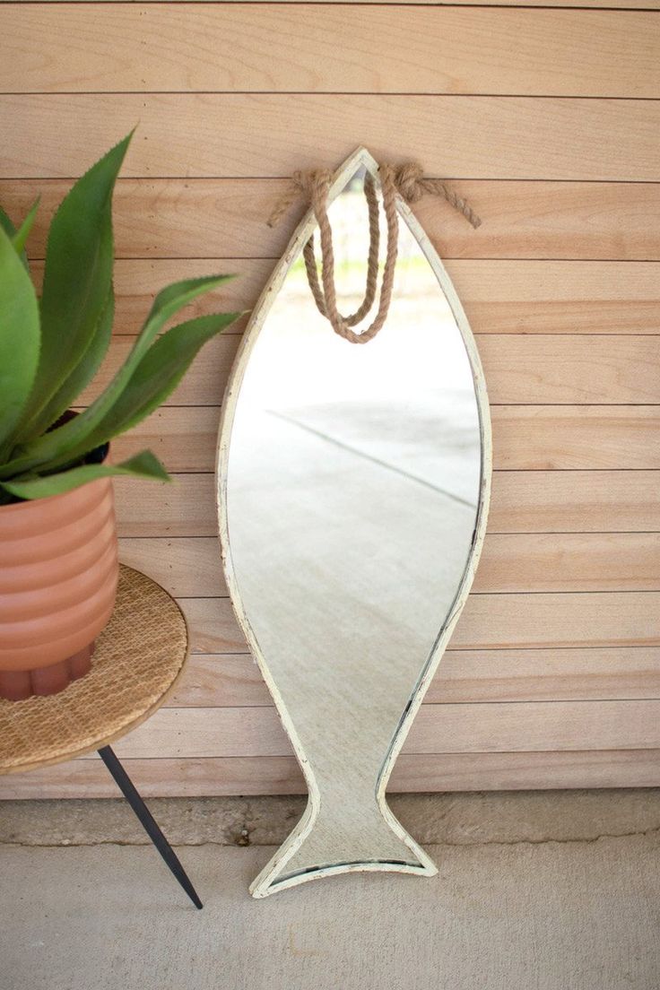 a fish shaped mirror next to a potted plant