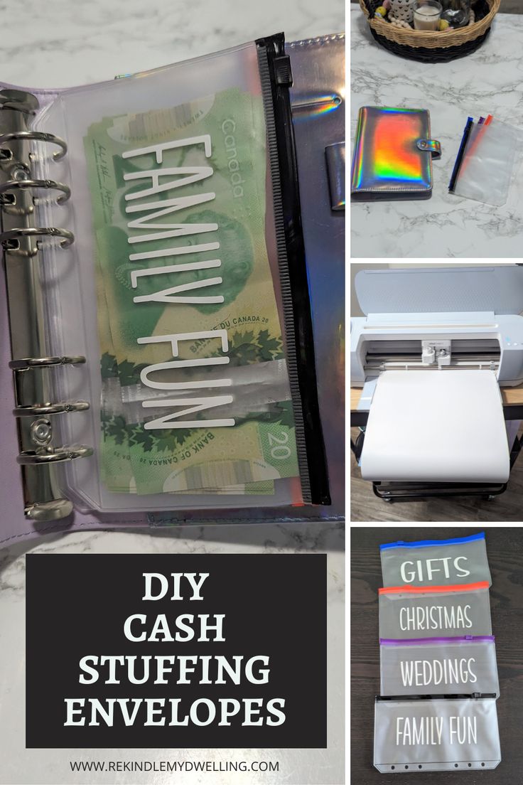 Collage showing how to make cash stuffing envelopes Cash Stuffing Diy, Savings Folder Ideas, Diy Cash Stuffing Binder, Diy Budget Binder How To Make, Savings Book Diy, How To Make Cash Envelopes, Diy Budget Binder Cash Envelopes, Diy Money Saving Binder, Budget Book Diy