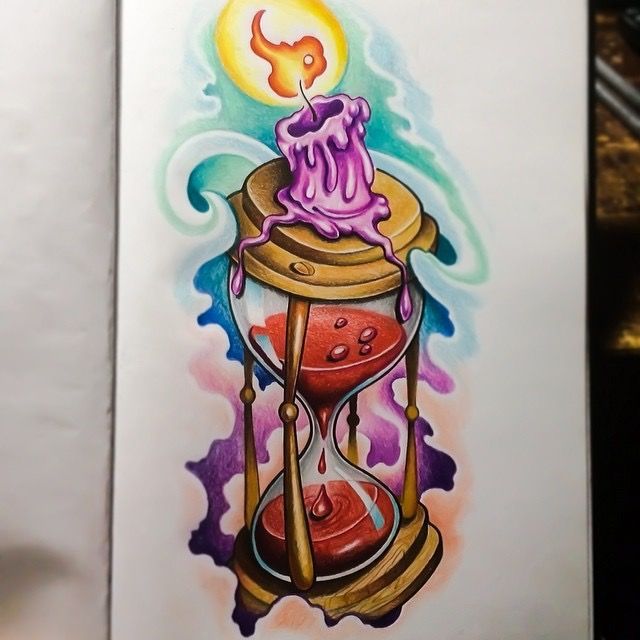 a drawing of an hourglass with a candle in it on top of a piece of paper