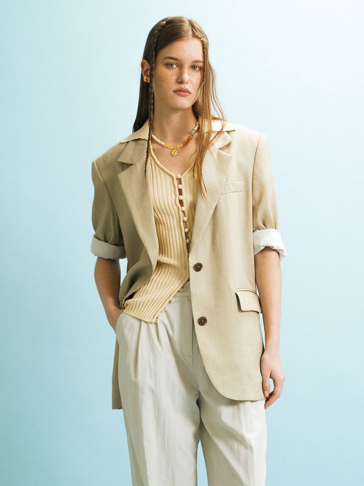 Editor's notesCut from silky linen blend fabric, this boxy fit jacket has 6mm padded shoulders and classic notched lapels. It is accentuated with buttoned cuffs and side pockets. - Silky and airy linen blend fabric- Natural, oversized silhouette- Classic notched lapels and single button fastenings- 6mm padded shoulders for structured moodMeasurements(in.)Size One Size(XS-M)- Shoulder: 17.76 in - Bust: 20.98 in - Armhole: 9.02 in - Sleeve width: 7.95 in - Sleeve length: 16.26 in - Length: 29.49 in * Model info: Height 5' 8 Bust 31.5 Waist 23 Hip 34.5Composition & Care- 62% Linen, 29% Tencel, 9% Silk- Dry Cleaning Designer- by EN OR Beige Collared Blazer With Button Cuffs, Beige Blazer With Notch Lapel And Button Cuffs, Linen Outerwear With Double Button For Business Casual, Timeless Linen Outerwear For Office, Classic Linen Outerwear With Double Button Closure, Classic Linen Button-up Blazer, Classic Beige Collared Blazer, Classic Button-up Linen Blazer, Office Linen Single-breasted Outerwear