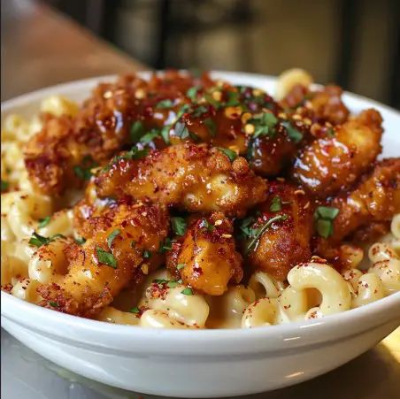 a white bowl filled with macaroni and cheese covered in sauce