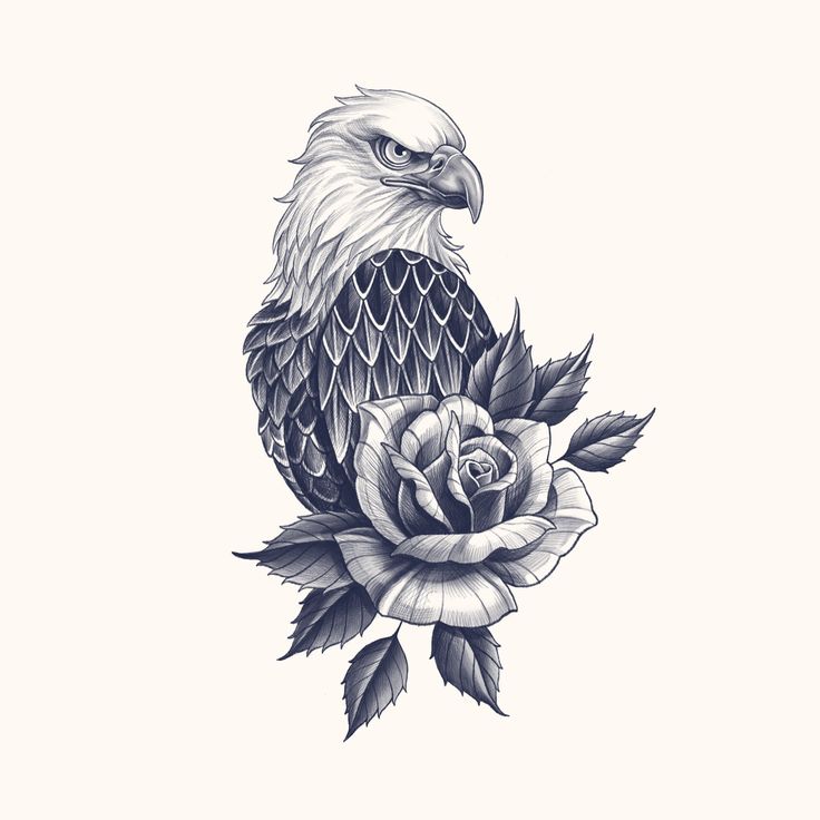 an eagle sitting on top of a rose with leaves and flowers in front of it