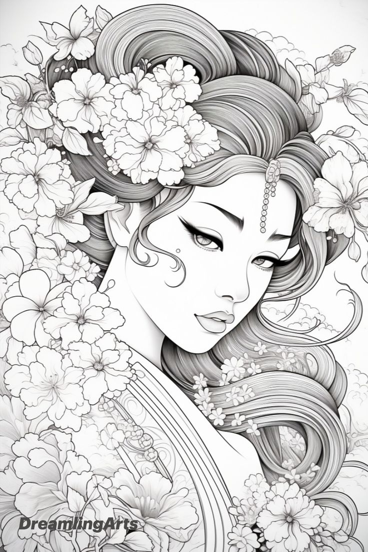 Coloring page of a geisha Japanese Geisha Drawing, Traditional Geisha, Tattoo Coloring Book, Kindergarten Coloring Pages, Woman With Flowers, Coloring Pages Inspirational, Geisha Art, Free Adult Coloring Pages, Fantasy Drawings