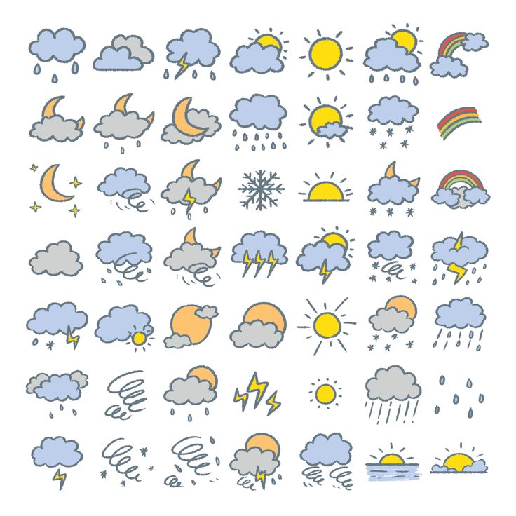 the weather icon set includes clouds, rain and sun