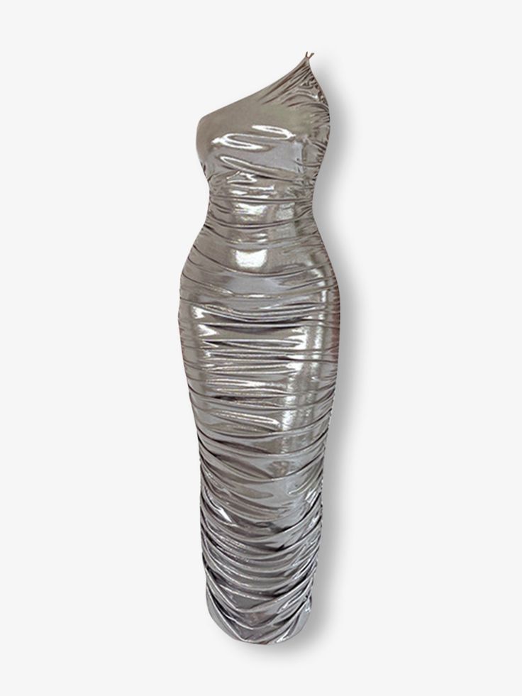 Introducing the surfside dress, cut from shiny pu leather. This one-shoulder, oblique-neck, backless dress is pleated to perfection, sculpting an hourglass shape for a sleek and elegant look. Corset Lace, Elegant Look, Hourglass Shape, Stretch Satin, Silver Dress, Romper Dress, Lace Back, Stunning Dresses, Sequin Dress