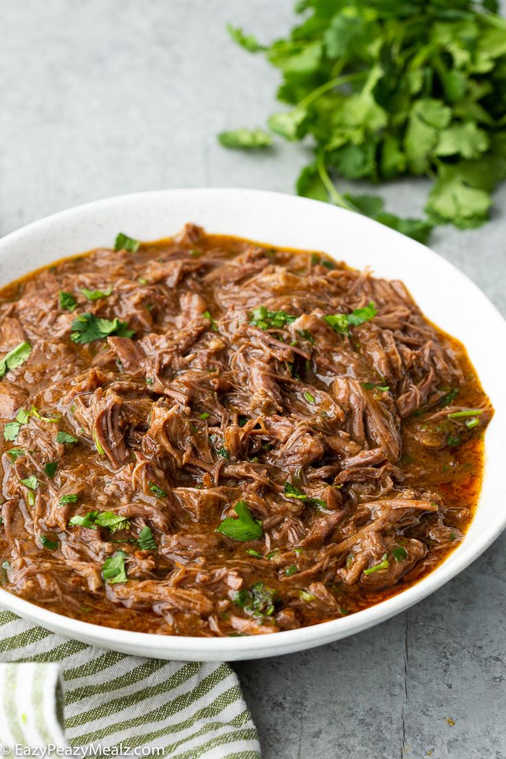 a white bowl filled with shredded meat and garnished with cilantro