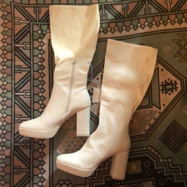 White/Off White Inside Zipper Go Go Style Heeled Boot Brand New Condition With Tag Spring Platform Knee-high Heeled Boots, Spring Synthetic High-heeled Boots, Spring Knee-high Synthetic Platform Boots, Cream Ankle-high Platform Boots For Spring, White Synthetic High Heel Boots, White Synthetic High Heeled Boots, White Synthetic Heeled Boots For Spring, White Synthetic Boots With Padded Heel, Spring Knee-high Synthetic Heeled Boots