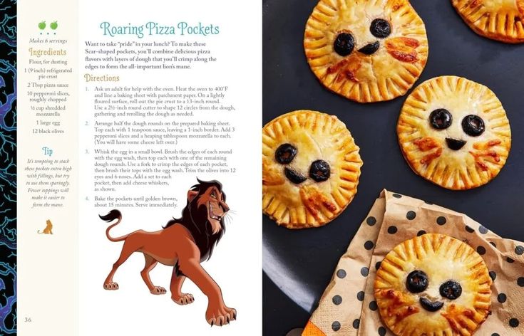 an open book with pictures of pies and lion faces on the pages, along with other food items