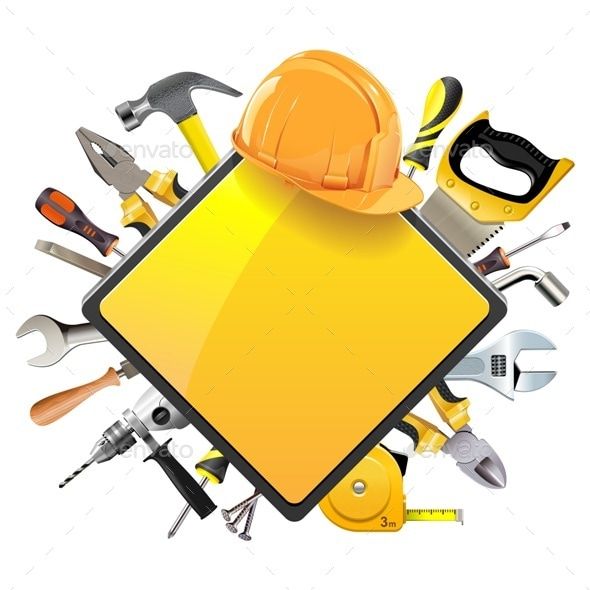 a construction sign surrounded by tools on a white background - miscellaneous objects / items 3d renders