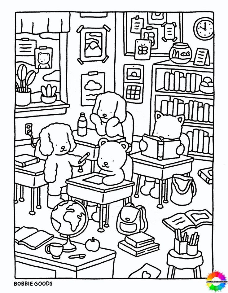 a coloring page with children in the room and bookshelves on the wall behind them