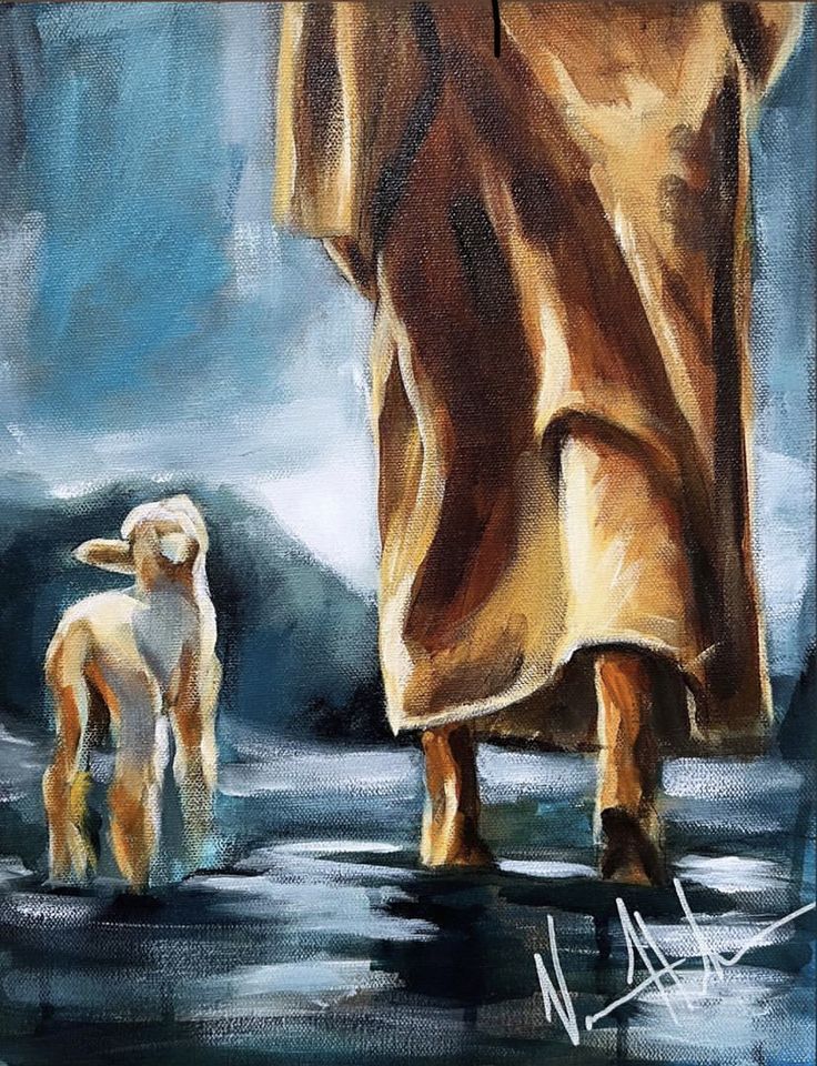 a painting of two sheep standing in the water