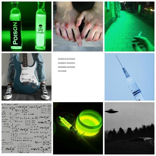 a collage of photos with green and black images, including neon lights, an electric guitar