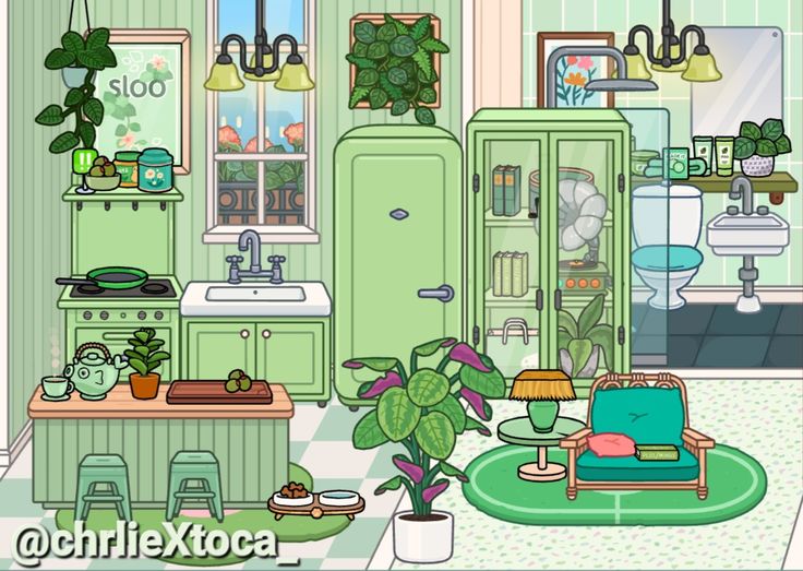 a green kitchen with lots of plants in it