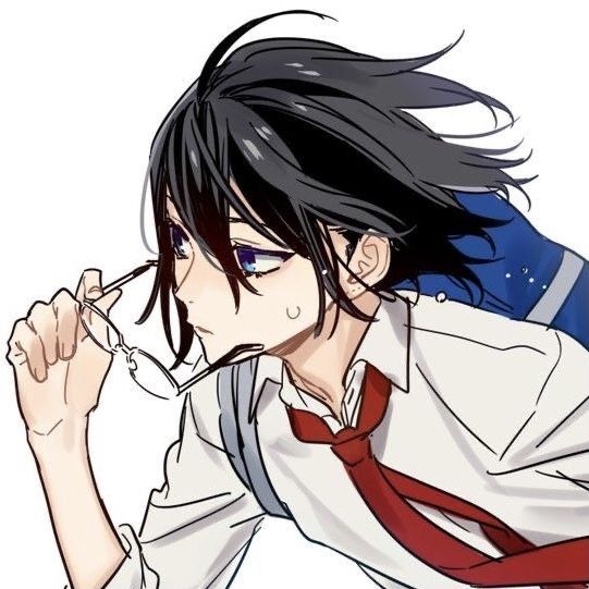 an anime character with long black hair wearing a white shirt and red tie, looking to his left