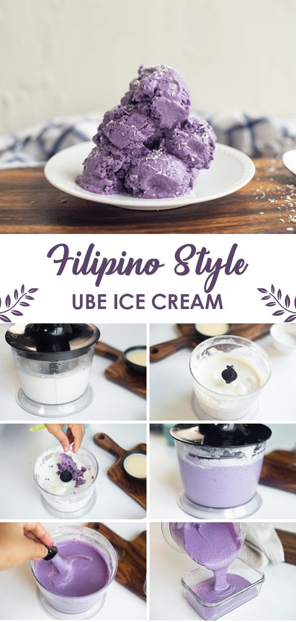 purple ice cream is being made on a white plate