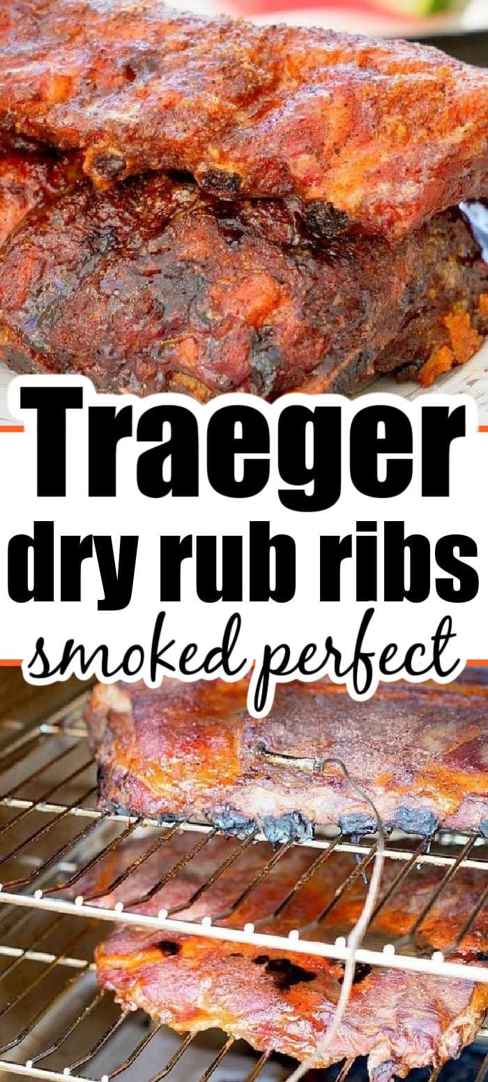 two ribs cooking on top of an open grill with the words traeger dry rub ribs smoked perfect