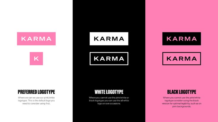 three different types of black and white logos on pink, black and white background with the words karma written in bold font