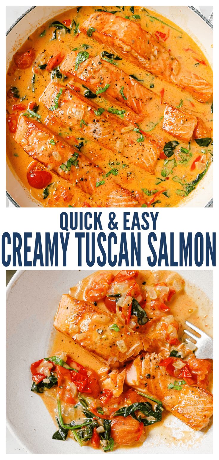 creamy tuscann salmon with tomatoes and spinach is an easy dinner recipe that's ready in under 30 minutes