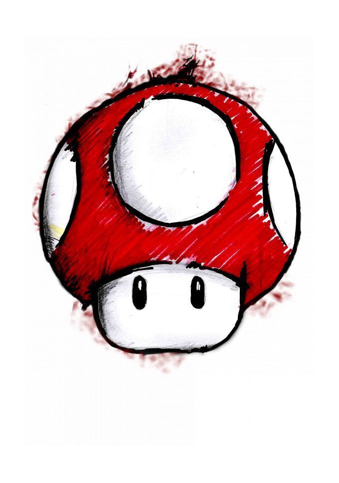 a drawing of a mushroom with eyes drawn on it's face and the word mario written in red ink