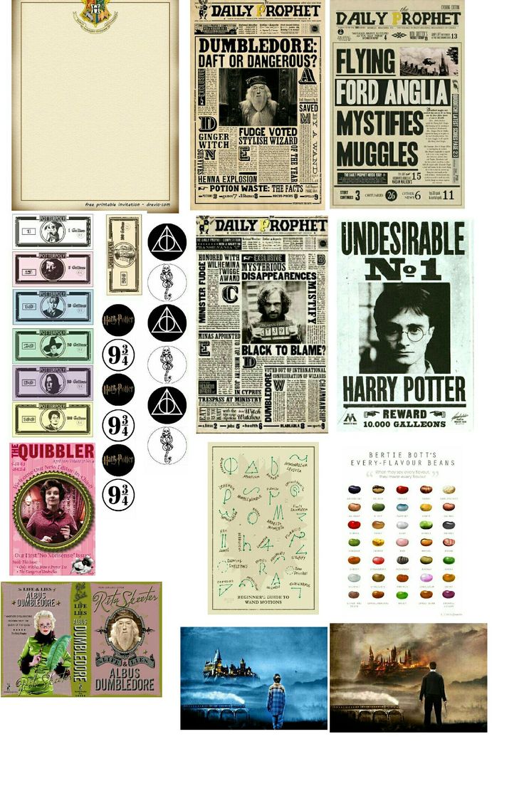 an assortment of posters and stickers on a white background with the words harry potter