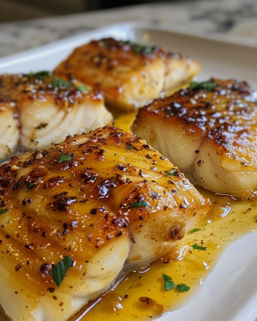 three pieces of fish on a plate covered in sauce and garnished with parsley