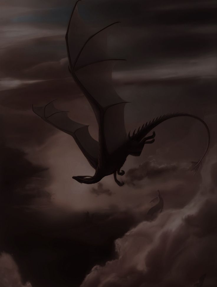 a painting of a dragon flying through the sky with clouds in the foreground,