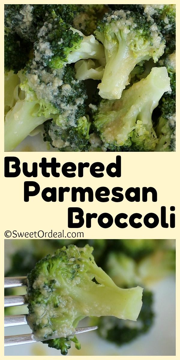 a close up of broccoli on a plate with the words buttered parmesan broccoli