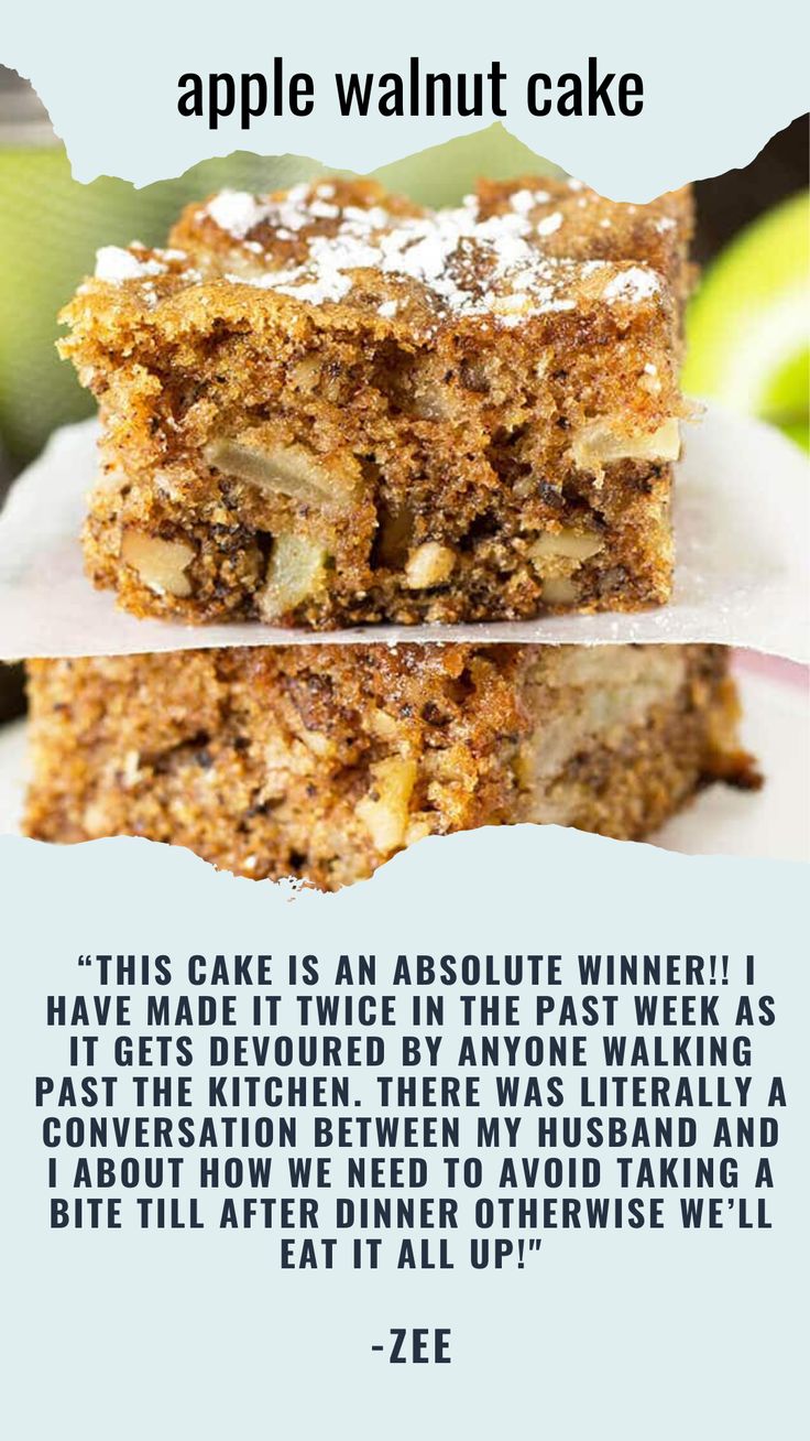 a piece of apple walnut cake on top of a white plate with the words, this cake is an absolute winner